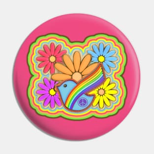 Hippie Flower Power Peace Rainbow Dove Pin