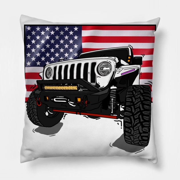 Jeep with American Flag - White Essential Pillow by 4x4 Sketch