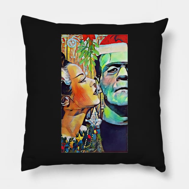 Christmas Frankenstein and Bride Kiss under the mistletoe Pillow by Edgot