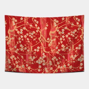 SAKURA FLOWERS IN RED Antique Japanese Floral Pattern Tapestry