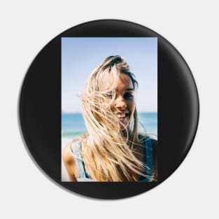 Young Pretty Blond Girl - Beach Portrait on Windy Morning Pin