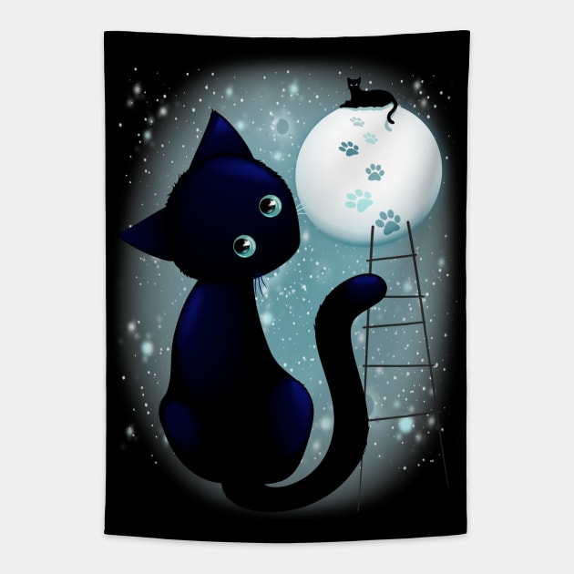 Blue Kitty Dream on the Moon Tapestry by BluedarkArt