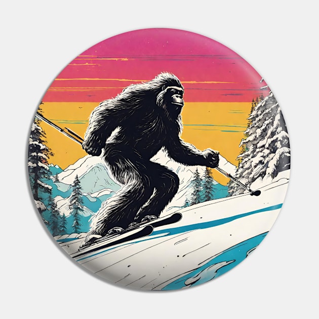 Funny Bigfoot Skiing Dad Across Mountains Winter Sports Pin by DaysuCollege