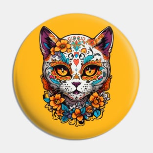 Cat Sugar Skull Halloween Pin