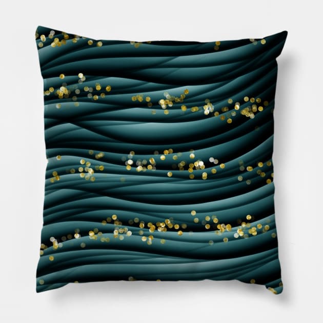 Dark Green Gold Fantasy Wave Pattern Pillow by jodotodesign