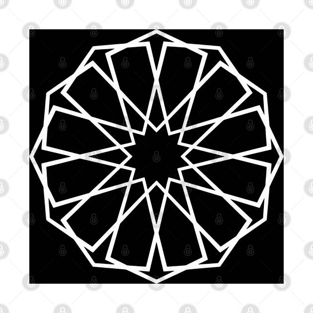 White Islamic Geometric Pattern Stars on Black Background by Tilila