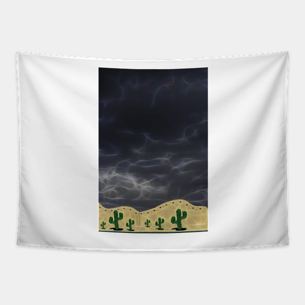 very black rain filled sky with a few stylized cactus plants Tapestry by mister-john