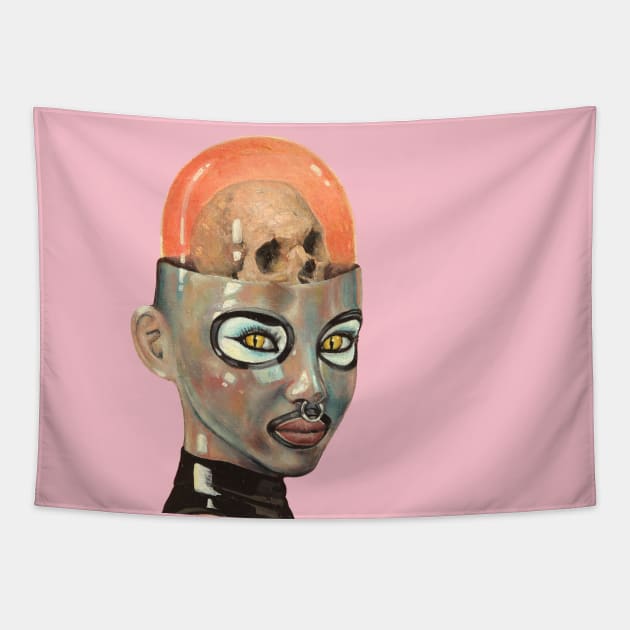 Future Girl | Skull Brain | Candy Girl Surreal Pop Art | Steam Punk  Original Surreal Painting By Tyler Tilley Tapestry by Tiger Picasso