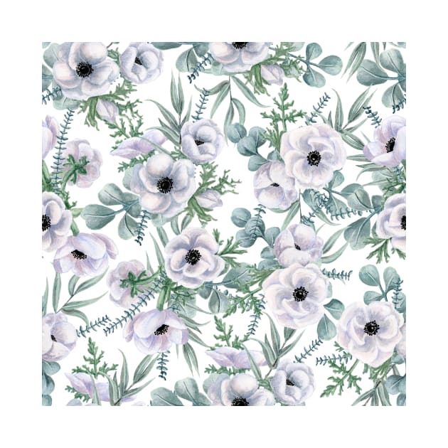 Watercolor Anemone and Eucalyptus Pattern by paintedpansy