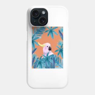 Cockatoo with tropical leaves in watercolor and a coral background Phone Case