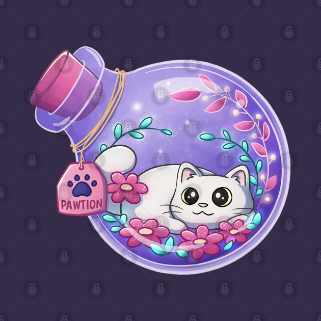 Cute White Cat Magic Potion With Flowers by Meowrye