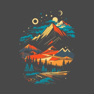 breathtaking mountain landscape with majestic trees and towering peaks in the background T-Shirt