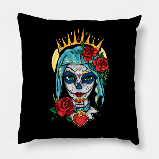 Santa muerte portrait with red roses Pillow by NadiaChevrel