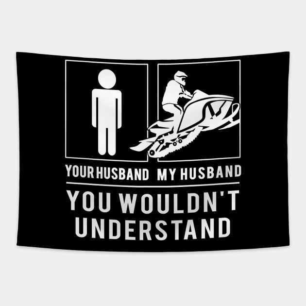 Ride the Humor Trail! Snowmobile Your Husband, My Husband - A Tee That's Winter Fun! ️ Tapestry by MKGift