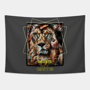 Kiss My Grits (snarky lion kissed by woman) Tapestry
