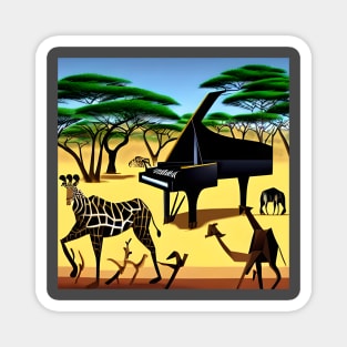 A Piano Inside An African Safari Park With Animals Dancing Around It. Magnet