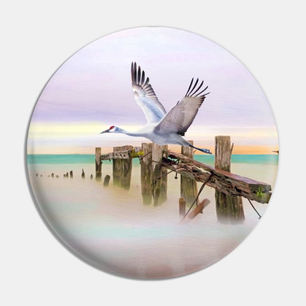 Sandhill Crane and Old Dock Pin by lauradyoung