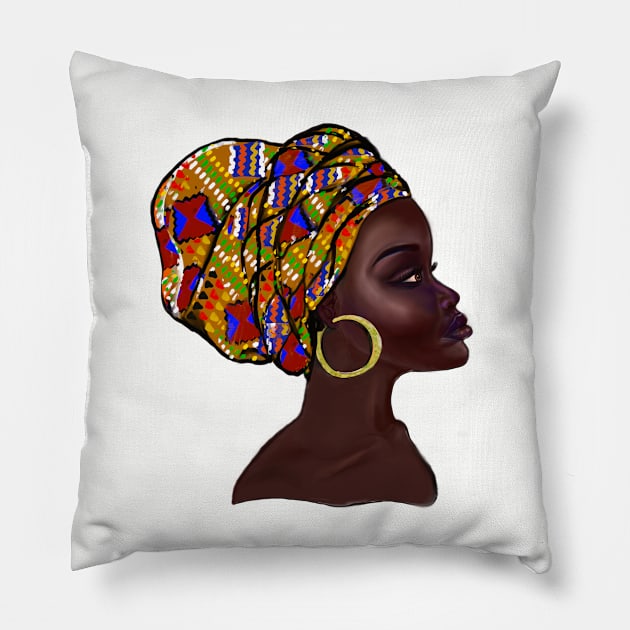 Afro queen With Kinte headwrap- Mahagony brown skin girl with thick glorious, curly Afro Hair and gold hoop earrings Pillow by Artonmytee