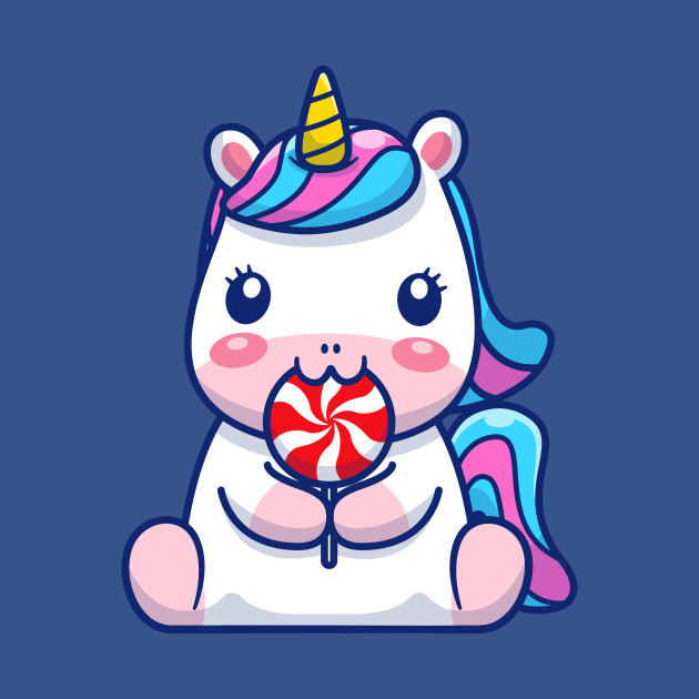 Cute Unicorn Eating Lollipop Cartoon - Unicorn - T-Shirt