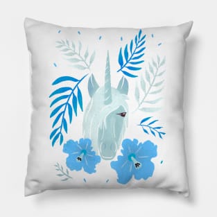 Unicorn and Hibiscus Flowers and Tropical Teaves Pillow