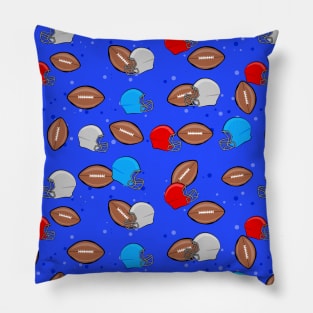 American Football - Helmet & Ball Seamless Pattern - Blue Background Pillow