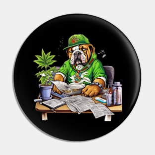 Accountant English Bulldog t-shirt design, a bulldog wearing a green visor and holding a checkbook Pin