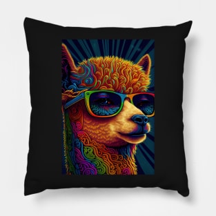 Psychedelic alpaca wearing sunglasses Pillow