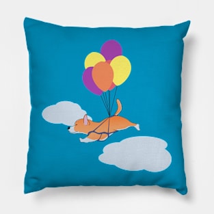 Happy Corgi Flying on Bundle of Balloons Pillow