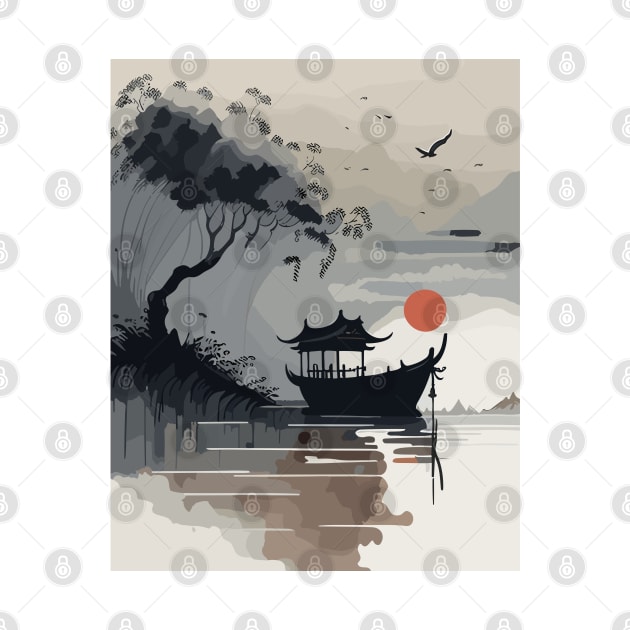 Boat on a Lake Ink Painting by ShirtifiedStore