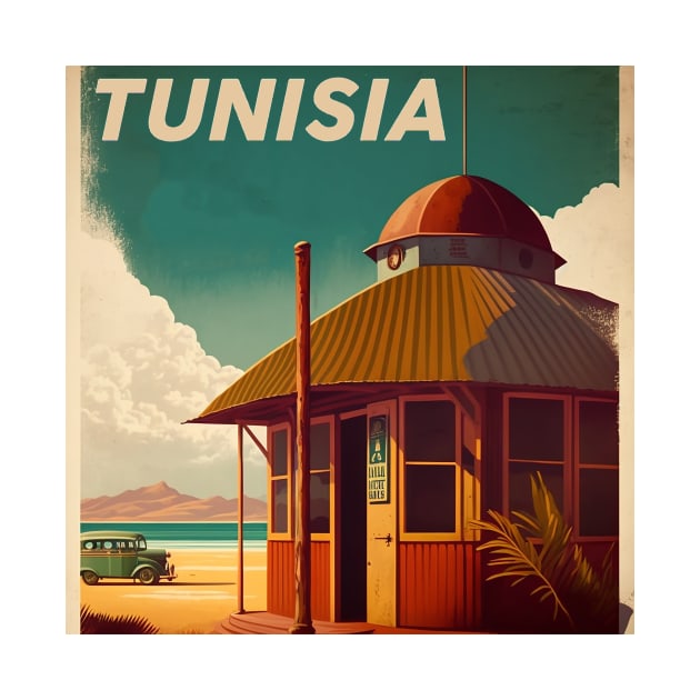 Tunisia Hut Vintage Travel Art Poster by OldTravelArt