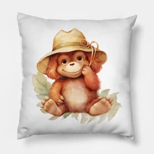 Orangutan in Straw Hat Pillow