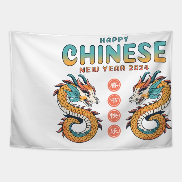 Dragon Dance Chinese New Year 2024: Dragon in Yellow, Blue & Red! Tapestry by YUED