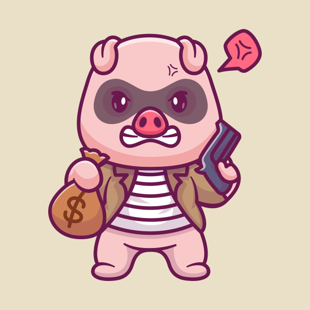 Cute Pig Thief Holding Money And Gun Cartoon by Catalyst Labs