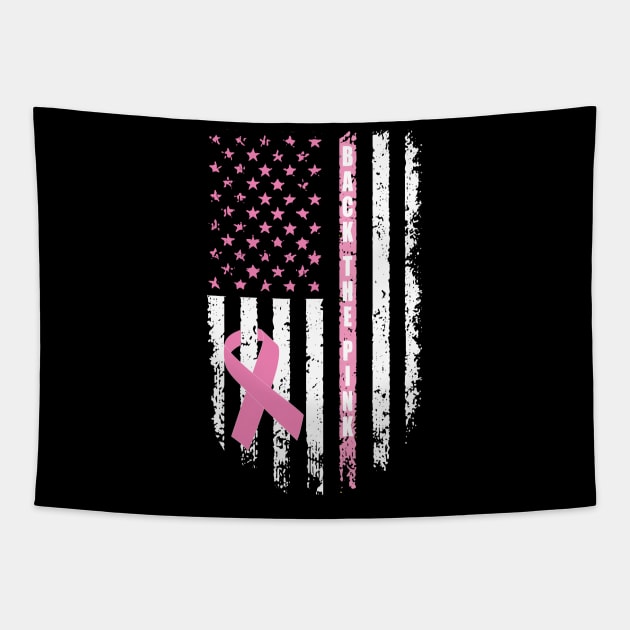 Back The Pink Ribbon American Flag Breast Cancer Awareness Tapestry by PsychoDynamics