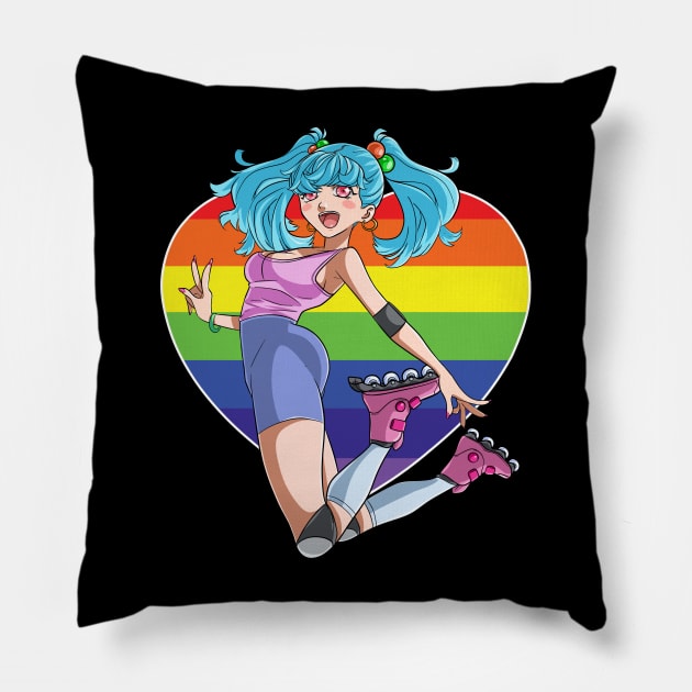 Roller Skate Girl Rainbow Heart Rollerblader Pillow by Noseking