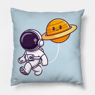 Cute Astronaut Walking With Cute Saturn Planet Cartoon Pillow