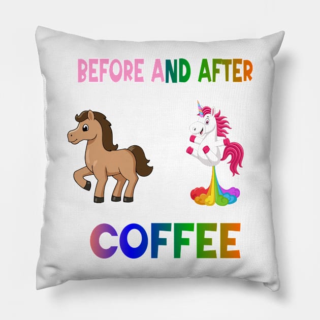 Before and after coffee Unicorn Pillow by A Zee Marketing