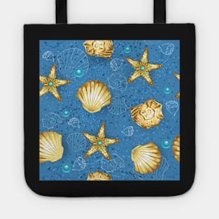 Blue seamless of gold seashells Tote