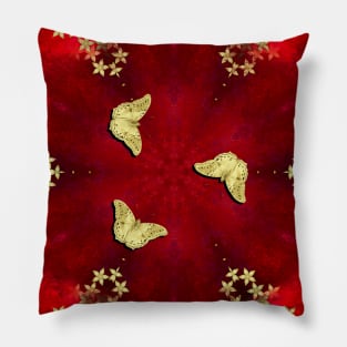 gold butterflies and flowers on red kaleidoscope Pillow