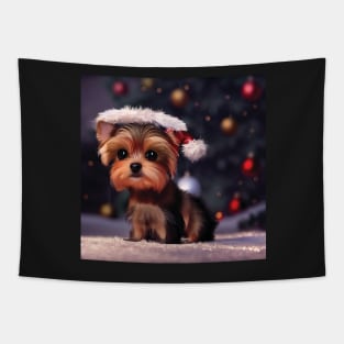 Yorkshire Terrier Christmas Puppy Dog In Santa Hat Tapestry