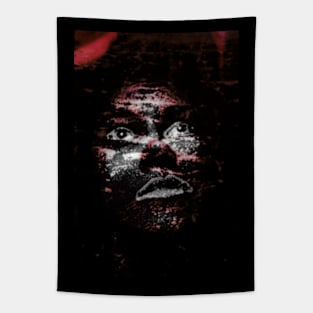 Monster like creature, girl, looking up. Dark. Black skin, with white spots. Red. Tapestry