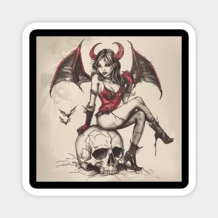 Demon Woman Sitting on Skull Vintage Sketch Magnet