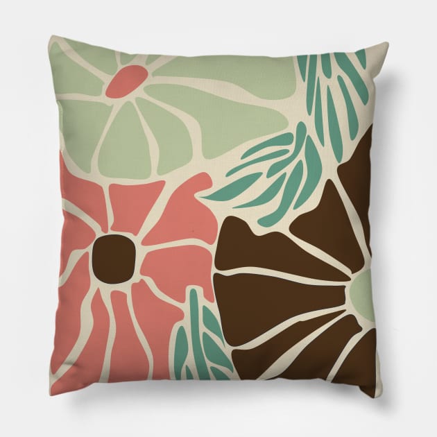 Boho Aesthetic Flowers and Leaves Pillow by JujuC