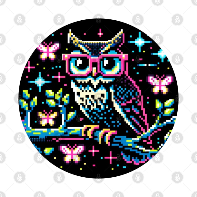 Cyberpunk Owl Art - Neon Nightscape Pixel Illustration by Pixel Punkster