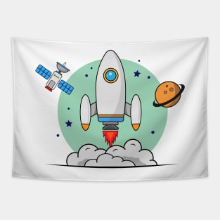 Rocket with Satellite and Planet Space Tapestry