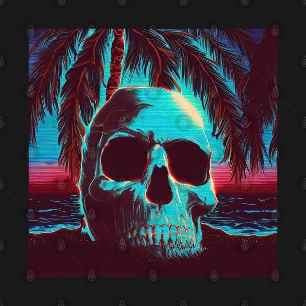 Spooky retro vaporwave glitch skull on palm beach by TomFrontierArt