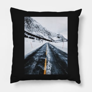 Driving Norway - Road Through Mountainous White Winter Landscape Pillow