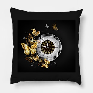 Antique Clock with Golden Butterflies Pillow