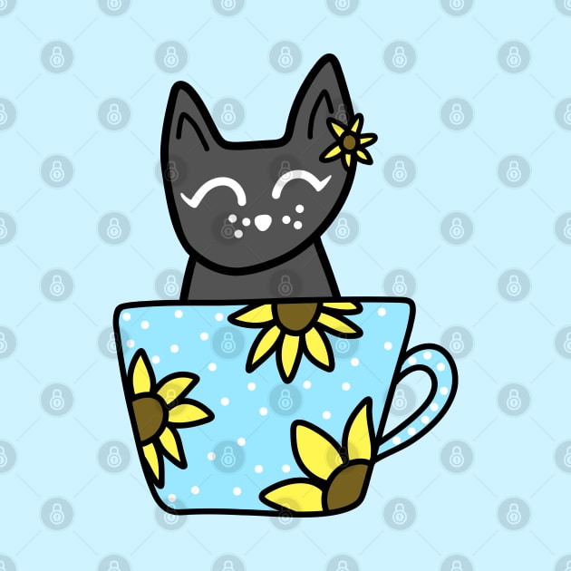 Black Cat in a Blue and White Polka Dot Sunflower Mug, made by EndlessEmporium by EndlessEmporium