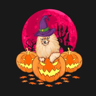 Pomeranian Dog Witch Hat Pumpkin Halloween T-Shirt